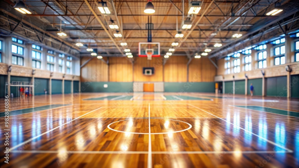 Fototapeta premium Wide view of a basketball court with all courts in a slightly defocused background