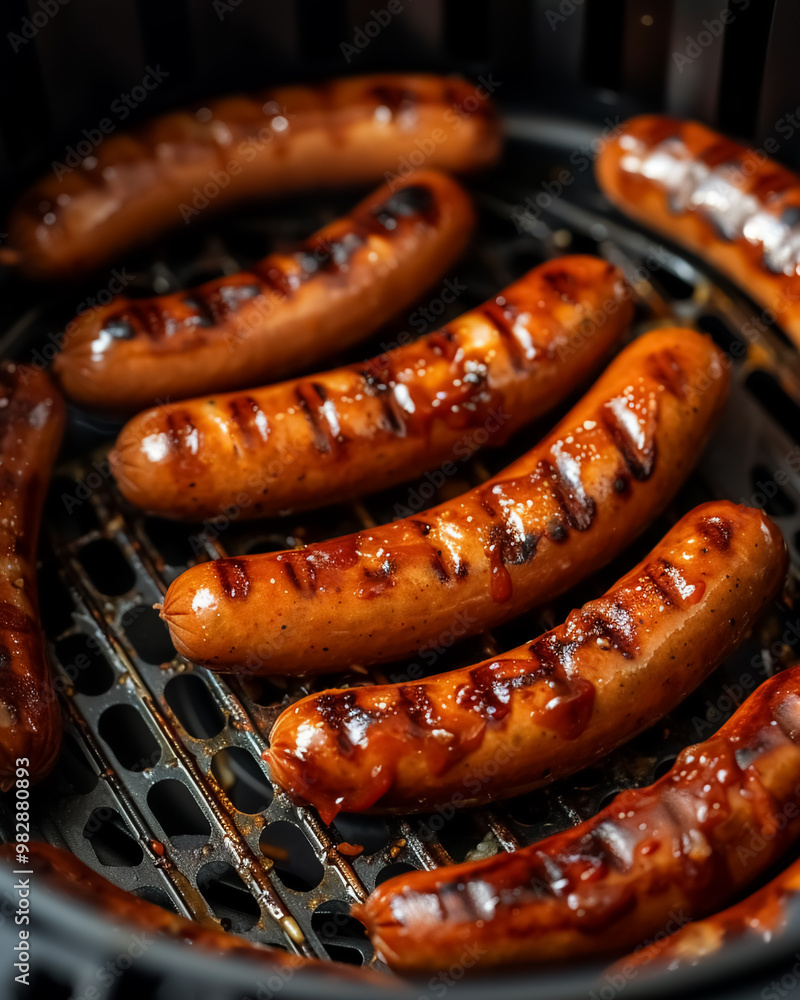 Juicy sausages with a crispy, grilled exterior, arranged neatly in a basket, ready for a delicious meal. Juicy sausages with a crispy, grilled exterior, arranged neatly in a basket, ready for a delicious meal.