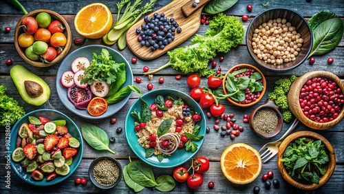 A vibrant assortment of fresh fruits and vegetables arranged artistically on a wooden table, showcasing healthy eating and colorful food presentation. photo