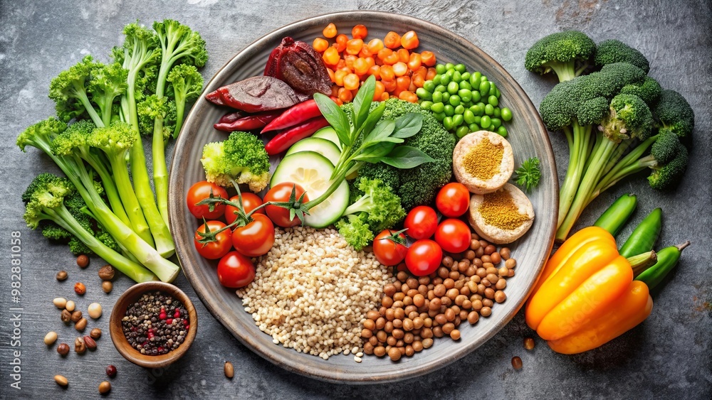 A vibrant display of fresh vegetables and grains artfully arranged on a plate, showcasing healthy eating in a colorful and appealing way. A vibrant display of fresh vegetables and grains artfully arranged on a plate, showcasing healthy eating in a colorful and appealing way.