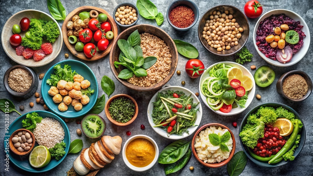 A vibrant assortment of fresh vegetables, grains, nuts, and legumes served in various bowls, promoting healthy eating and nutrition. A vibrant assortment of fresh vegetables, grains, nuts, and legumes served in various bowls, promoting healthy eating and nutrition.
