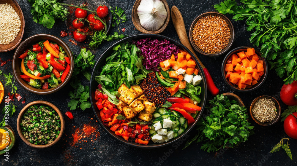 A colorful spread of vegan dishes, including roasted vegetables, tofu, and quinoa, arranged beautifully on a rustic table A colorful spread of vegan dishes, including roasted vegetables, tofu, and quinoa, arranged beautifully on a rustic table