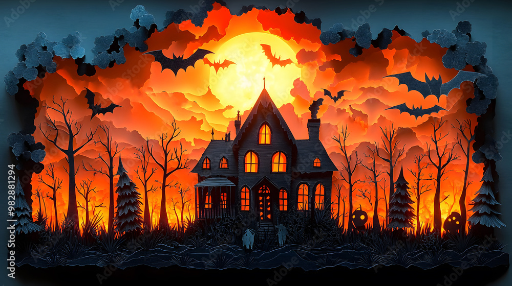 A haunted house crafted in a detailed papercut style, surrounded by flying bats, creating a spooky Halloween night scene with eerie shadows. A haunted house crafted in a detailed papercut style, surrounded by flying bats, creating a spooky Halloween night scene with eerie shadows.