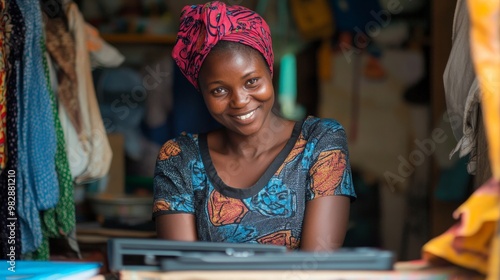 A woman in a developing country receiving a microloan to start her own business photo