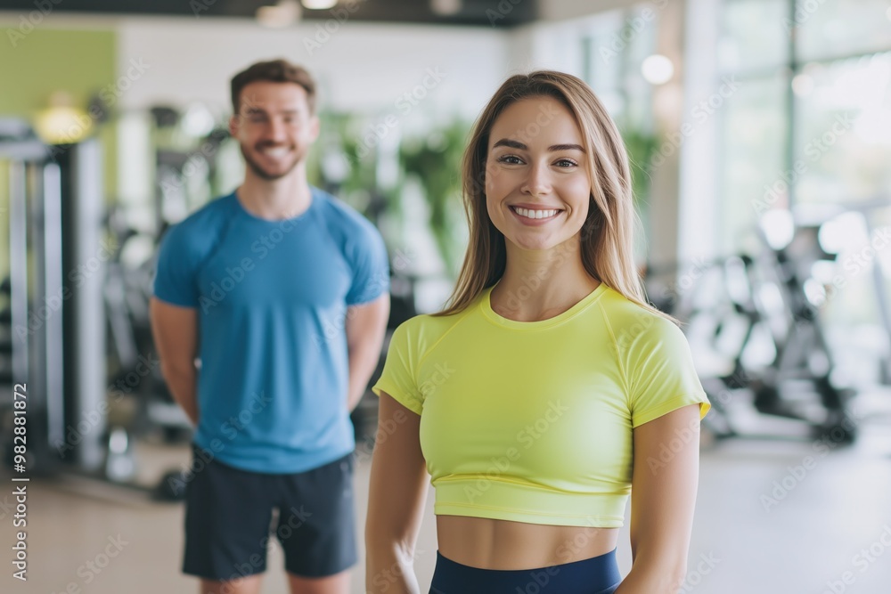 Fitness trainers smiling in a gym, standing confidently in workout attire. Fitness trainers smiling in a gym, standing confidently in workout attire.