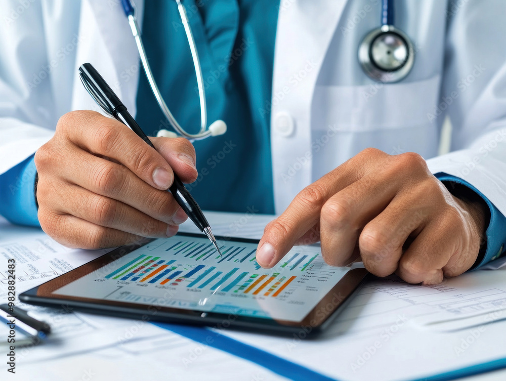 A doctor reviewing a patient's health data on a tablet, using smart healthcare technology to provide personalized treatment plans A doctor reviewing a patient's health data on a tablet, using smart healthcare technology to provide personalized treatment plans