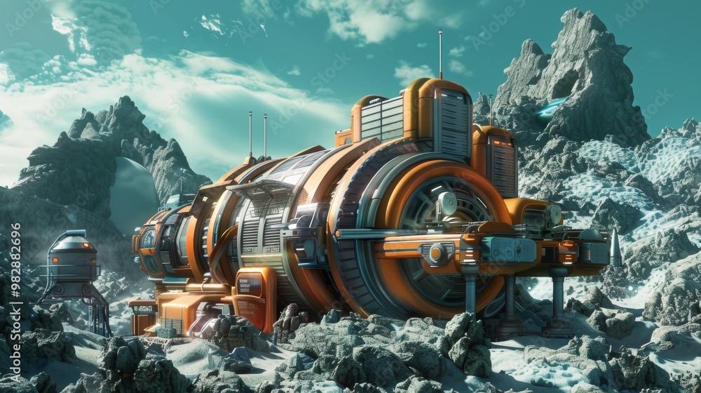 Futuristic Sci Fi Spaceship Traversing a Snowy Mountain Landscape Futuristic Sci Fi Spaceship Traversing a Snowy Mountain Landscape