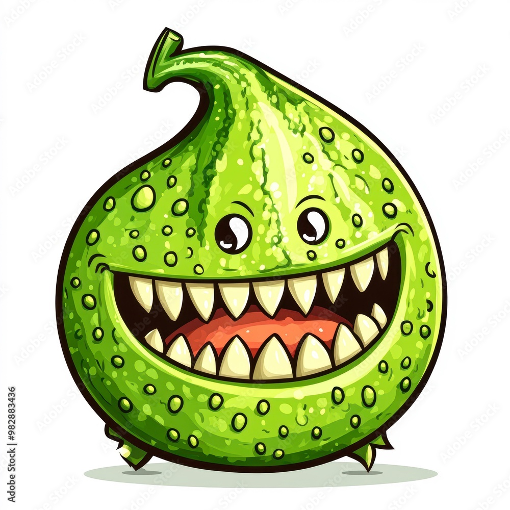 Obraz premium A friendly green cartoon monster with a big smile and sharp teeth, perfect for children's media, Halloween themes, or playful designs