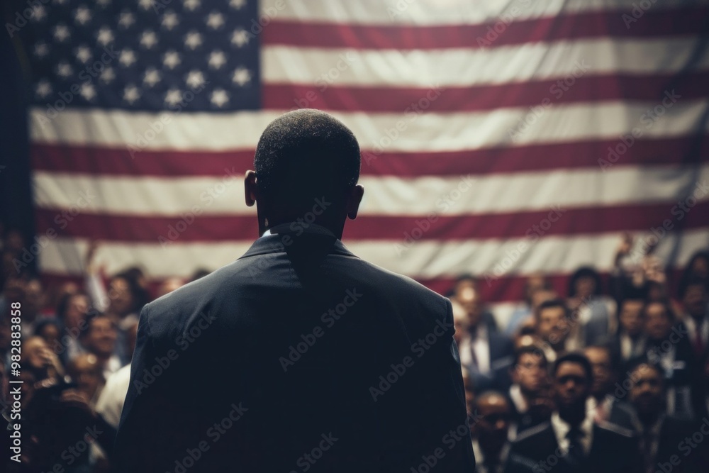 A speaker addressing a large audience in front of an American flag backdrop, capturing a moment of inspiration and unity A speaker addressing a large audience in front of an American flag backdrop, capturing a moment of inspiration and unity