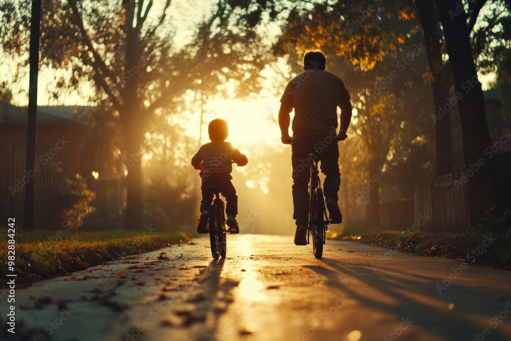 A father teaching his child how to ride a bicycle, running alongside them in a quiet neighborhood, with the sunset casting long shadows on the street A father teaching his child how to ride a bicycle, running alongside them in a quiet neighborhood, with the sunset casting long shadows on the street