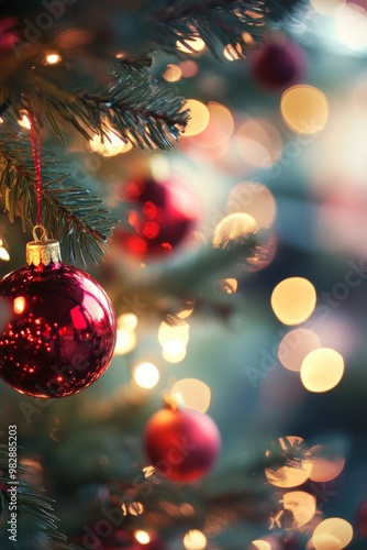 Snow-covered Christmas tree adorned with glowing lights on a festive street during a snowy winter evening.