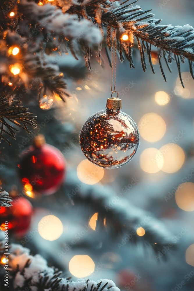 Snow-covered Christmas tree adorned with glowing lights on a festive street during a snowy winter evening. Snow-covered Christmas tree adorned with glowing lights on a festive street during a snowy winter evening.