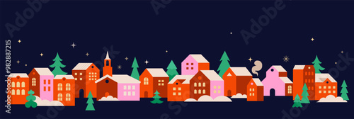Merry Christmas and Happy New Year. Concept Christmas background with colorful geometrical style winter village. Homes, trees, decorations elements. Vector Illustration