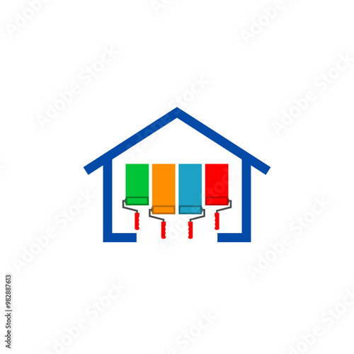 House painting. House logo with colored paint roller stripes. Vector illustration.