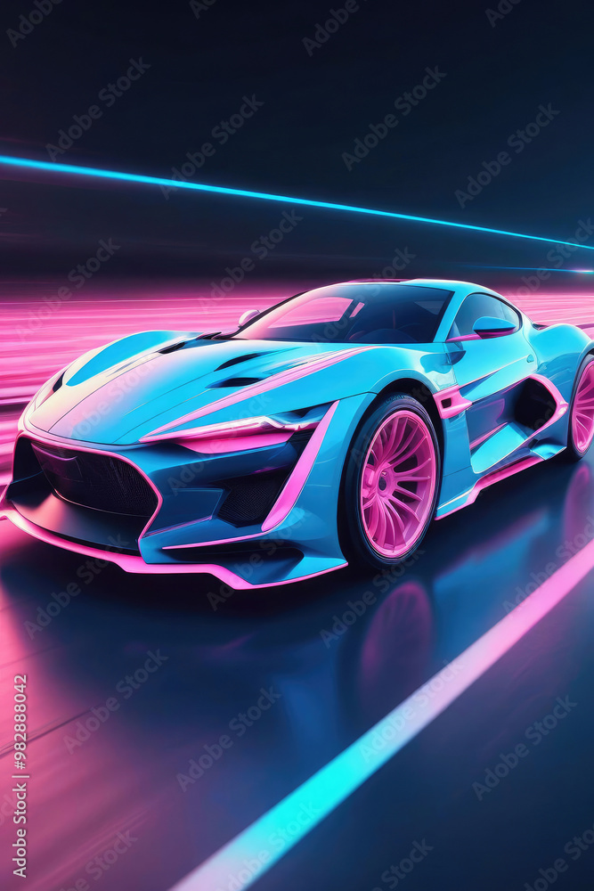 Luxury sports car in neon sky blue and pink lights, powerful acceleration of a supercar. Luxury sports car in neon sky blue and pink lights, powerful acceleration of a supercar.