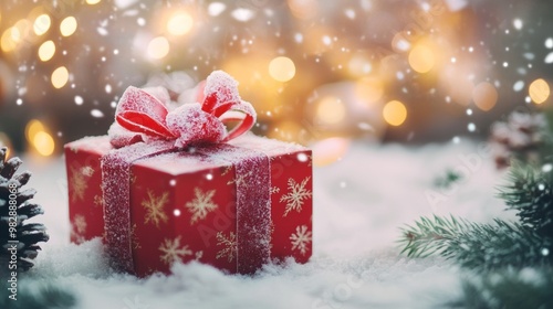 Christmas background with gift box. A beautifully wrapped Christmas gift with ribbon bow,