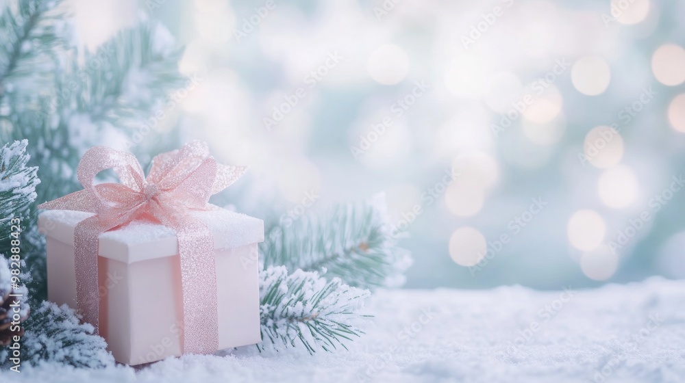 Christmas background with gift box. A beautifully wrapped Christmas gift with ribbon bow, Christmas background with gift box. A beautifully wrapped Christmas gift with ribbon bow,