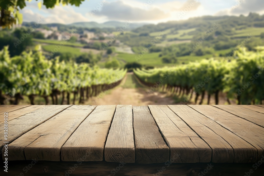 A rustic wooden table overlooking a peaceful vineyard with rows of vines and rolling hills A rustic wooden table overlooking a peaceful vineyard with rows of vines and rolling hills