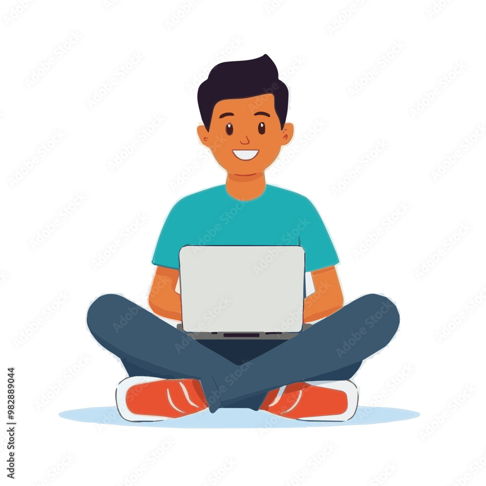 Cartoon vector of a happy man sitting with a laptop, showcasing a tech-savvy look. Great for remote work concepts or learning designs. Cartoon vector of a happy man sitting with a laptop, showcasing a tech-savvy look. Great for remote work concepts or learning designs.