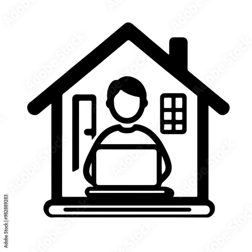 Minimalist icon of a person working from home inside a house outline. Perfect for remote work or home office concepts.