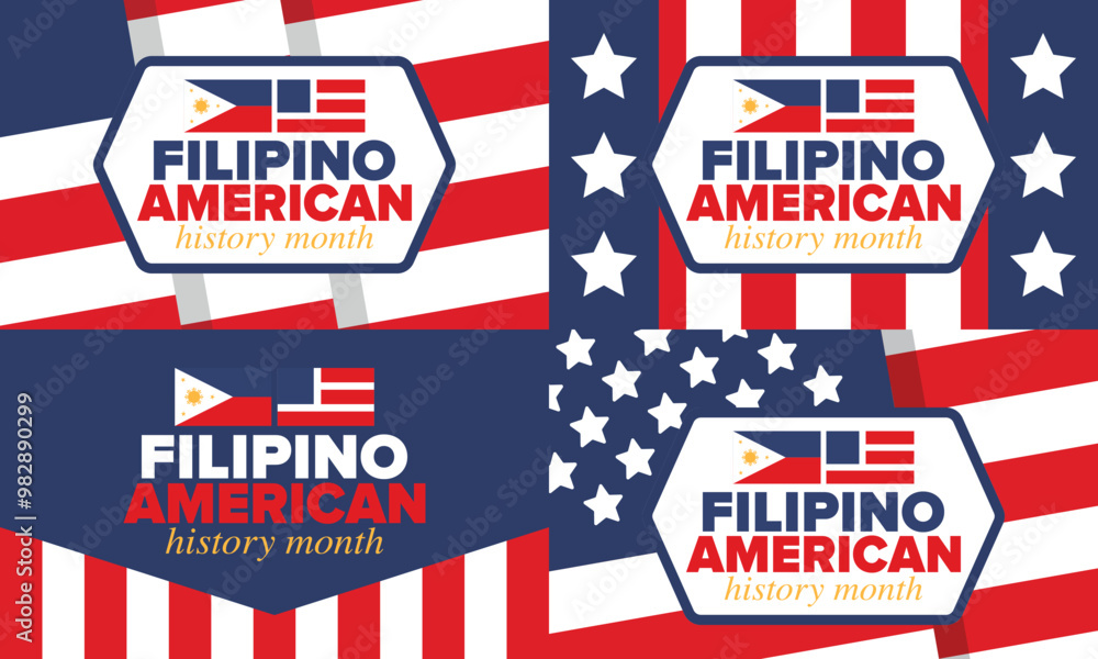 Obraz premium Filipino American History Month. Happy holiday celebrate annual in October. Filipinos and United States flag. Culture month. Patriotic design. Poster, card, banner, template. Vector illustration