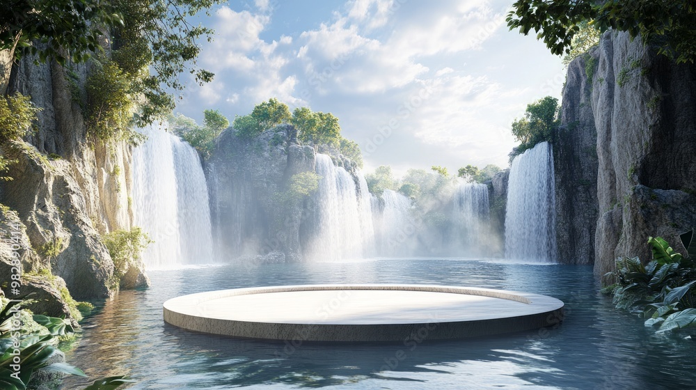 Serene Waterfall Landscape with Circular Platform Serene Waterfall Landscape with Circular Platform
