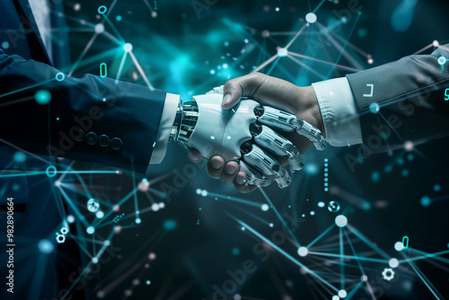 A digital handshake symbolizes collaboration between humans and AI, showcasing a blend of technology and partnership in a connected world.