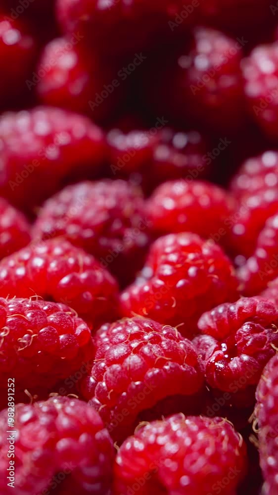 Juicy red raspberries. Ripe harvest. Harvesting vibrant red raspberries. Panorama from left. Vertical video. Vegetarian, vegan raw food. Dolly slider macro shot. Close-up in 4K, UHD Juicy red raspberries. Ripe harvest. Harvesting vibrant red raspberries. Panorama from left. Vertical video. Vegetarian, vegan raw food. Dolly slider macro shot. Close-up in 4K, UHD