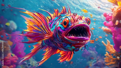 Playful Cartoon Venomous Fish in Colorful Animated Ocean Wonderland