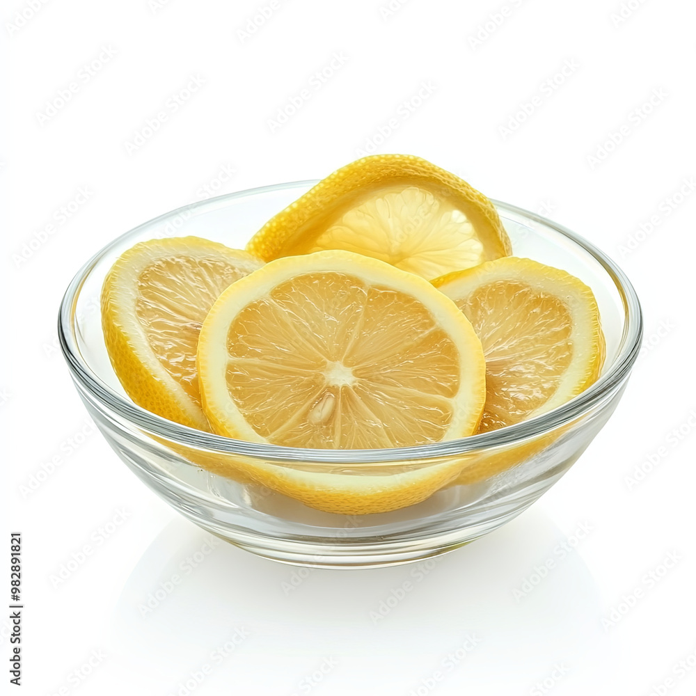 Fresh lemon slices in clear glass bowl create vibrant and refreshing display. bright yellow color and juicy texture evoke sense of zest and vitality, perfect for culinary inspiration Fresh lemon slices in clear glass bowl create vibrant and refreshing display. bright yellow color and juicy texture evoke sense of zest and vitality, perfect for culinary inspiration