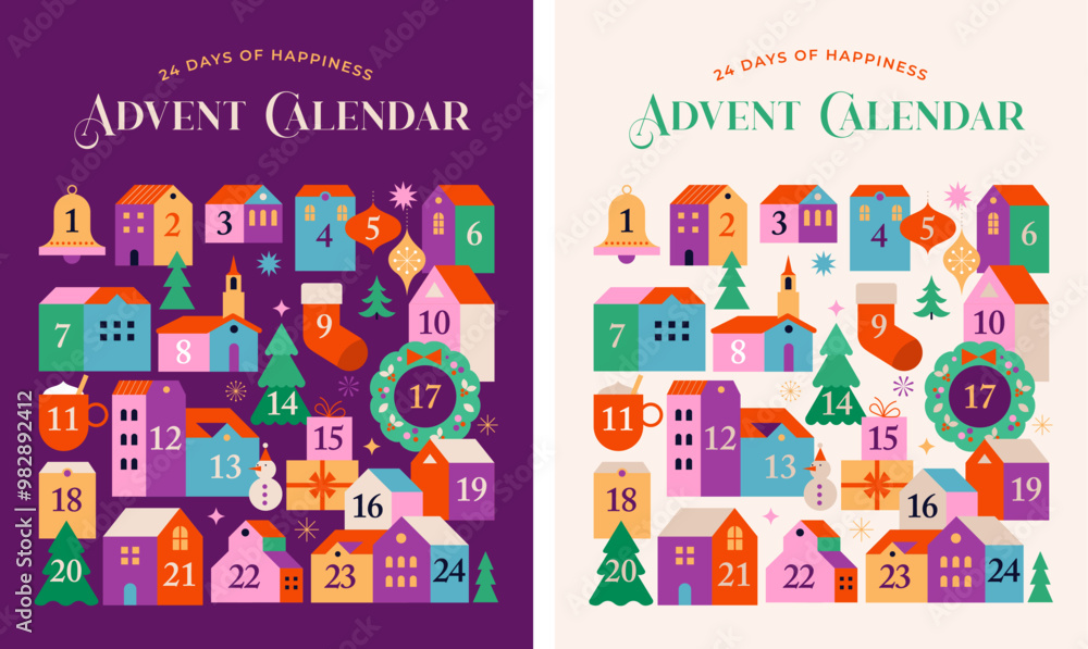 Merry Christmas, Advent Calendar. Concept design with Christmas village, decorations, gifts and homes. Vector illustration Merry Christmas, Advent Calendar. Concept design with Christmas village, decorations, gifts and homes. Vector illustration