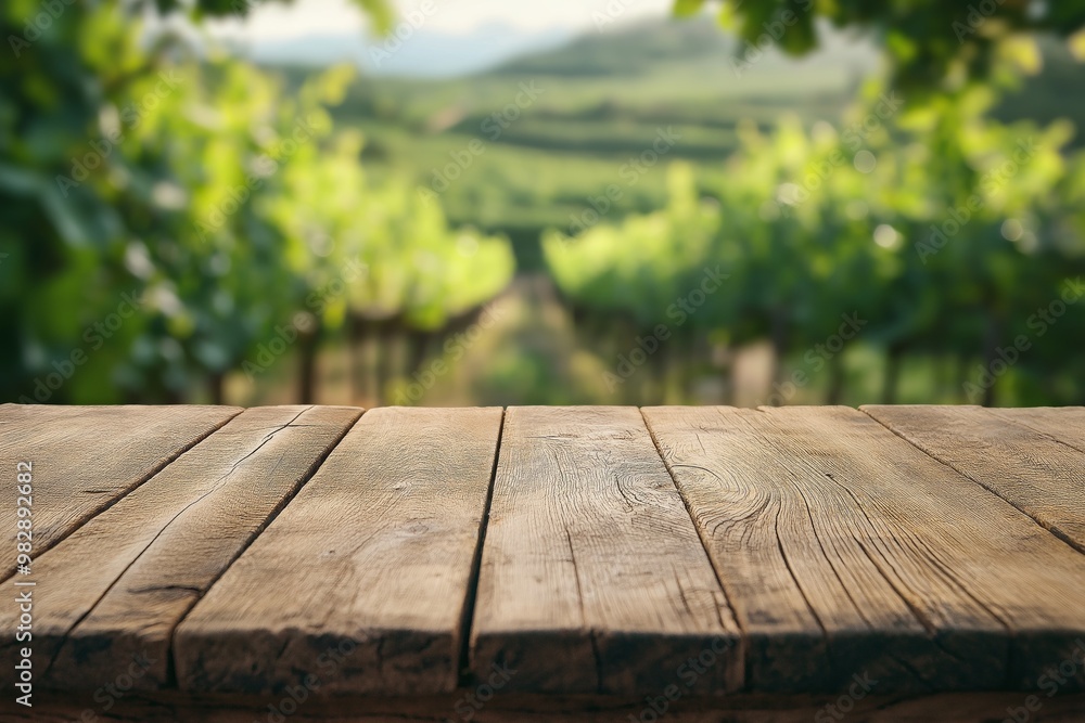 A wooden table with a view of a green vineyard, stretching out under a soft, cloud filled sky
