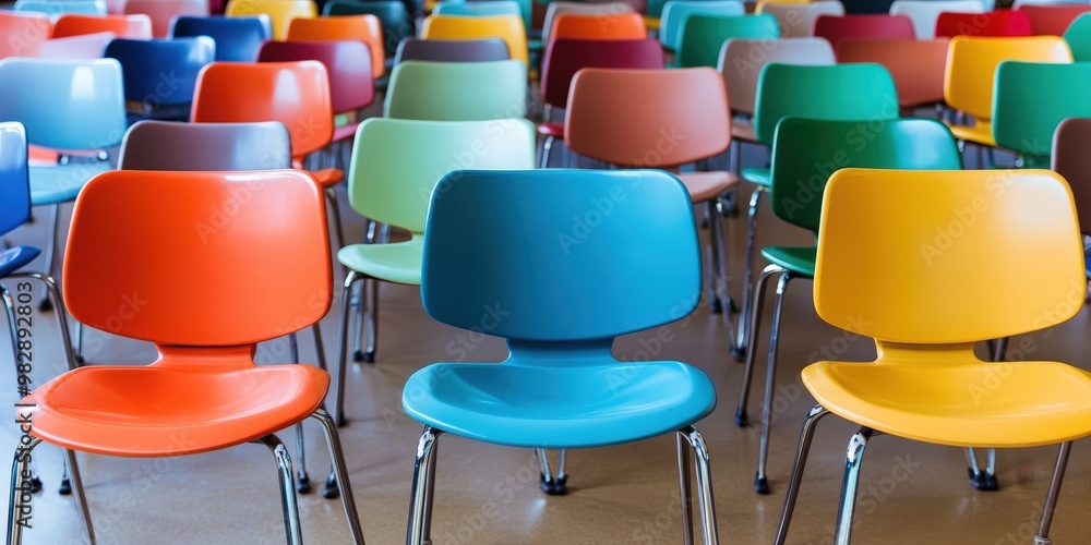 Naklejka premium Colorful Chairs in a Modern Classroom Setting