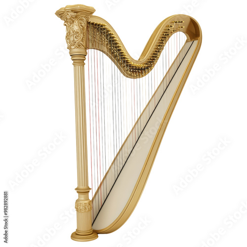 Elegant golden harp with intricate design details, perfect for classical music and orchestral performances, isolated on a white background. photo