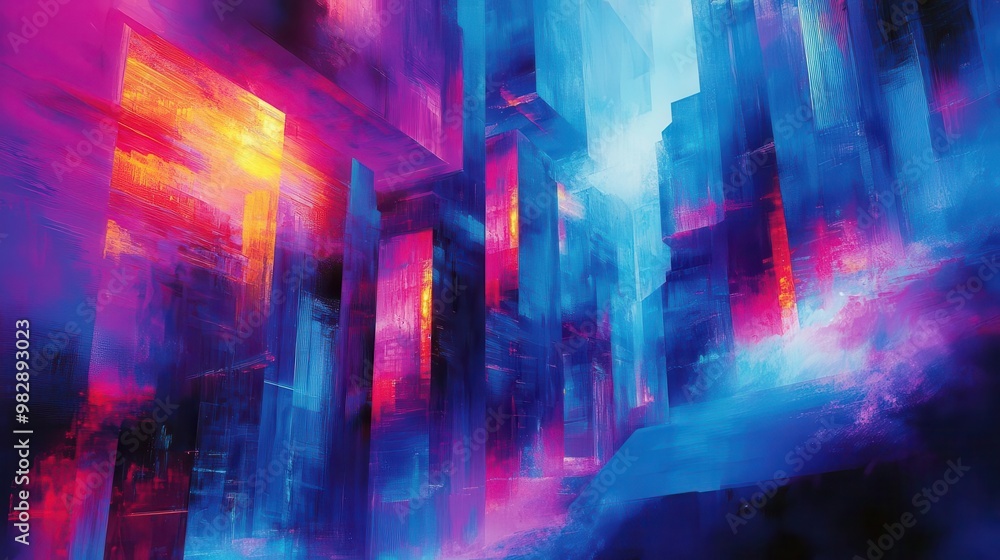 A digital painting of a futuristic cityscape, with neon lights and abstract shapes merging into the architecture, in vibrant hues of blues, purples, and pinks A digital painting of a futuristic cityscape, with neon lights and abstract shapes merging into the architecture, in vibrant hues of blues, purples, and pinks
