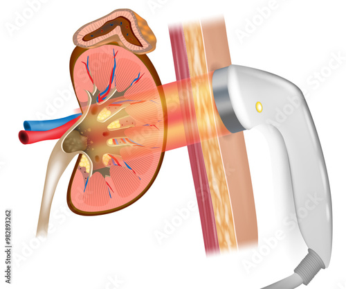 Extracorporeal shock wave lithotripsy or ESWL. Treatment kidney stones. Wave lithotripsy therapy.