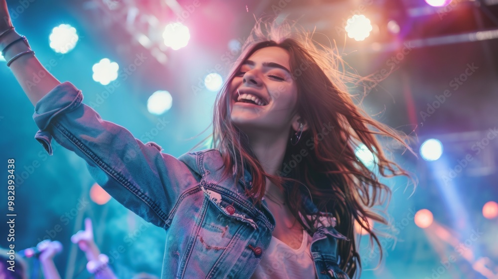 beautiful young woman enjoying a concert beautiful young woman enjoying a concert