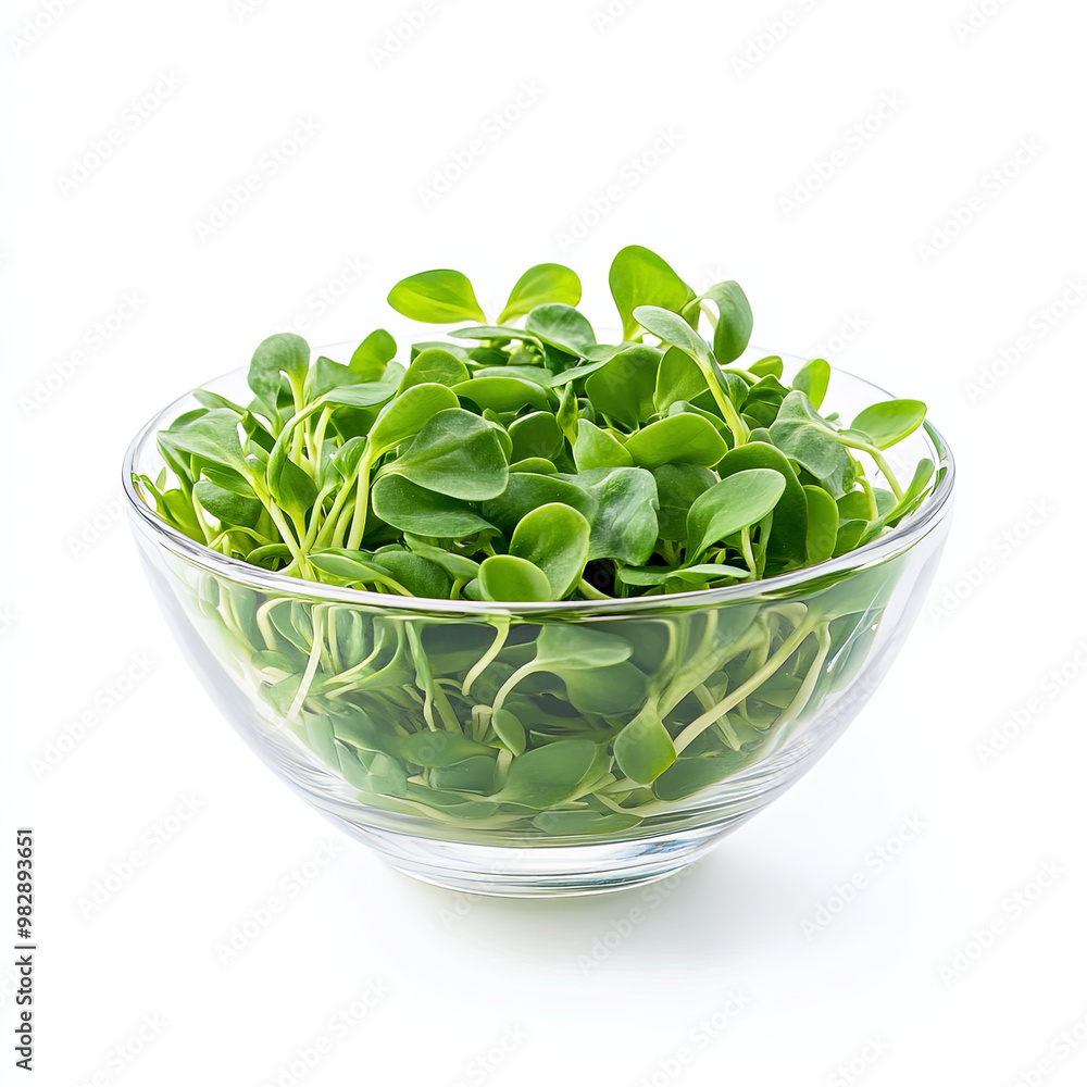 Fresh microgreens in clear glass bowl, vibrant and healthy, perfect for salads and garnishes. Their bright green color adds refreshing touch to any dish Fresh microgreens in clear glass bowl, vibrant and healthy, perfect for salads and garnishes. Their bright green color adds refreshing touch to any dish