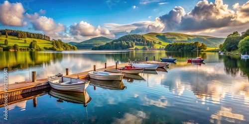 Tranquil landscape featuring a lake moorage with boats surrounded by rolling hills