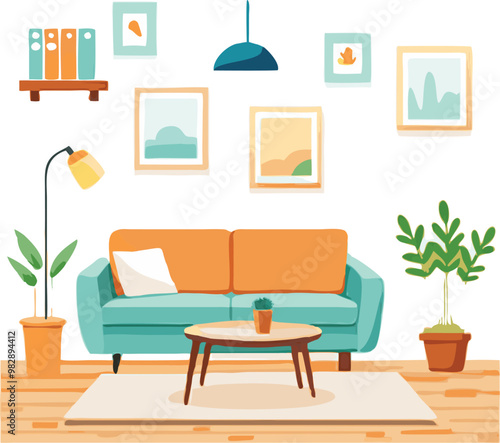 Modern Interior Design with Sofa Set Flat Vector Isolated