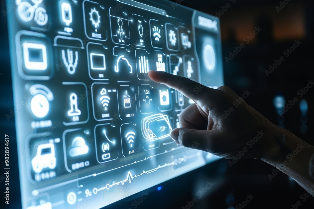 A smart home system on a touch screen ,A hand reaching towards a touchscreen displaying icons, symbolizing the interaction between people and digital technology. A smart home system on a touch screen ,A hand reaching towards a touchscreen displaying icons, symbolizing the interaction between people and digital technology.