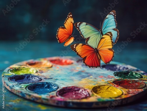 Colorful butterflies unfurling from a paint palette in a side profile, showcasing the beauty of artistic imagination photo