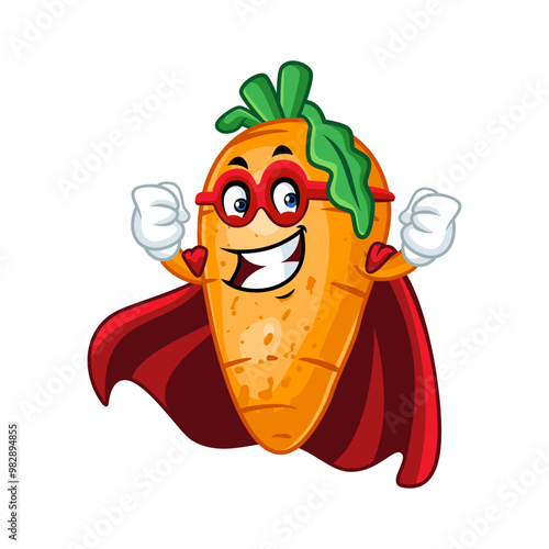 Cute cartoon superhero carrot with cape and mask. Perfect for healthy food promotions.