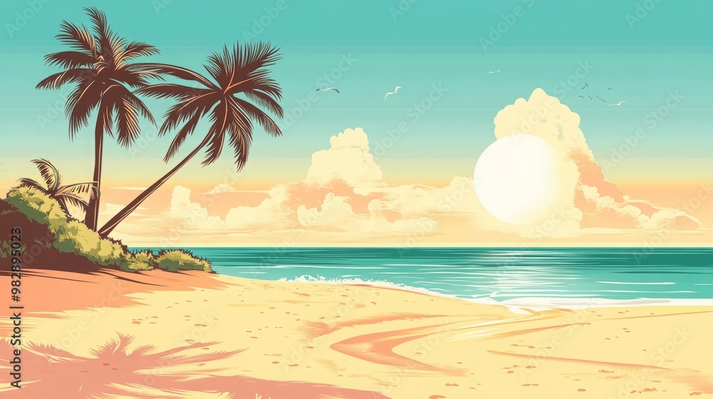 Fototapeta premium Peaceful beach scene with palm trees, blue water and a white cloudy sky.