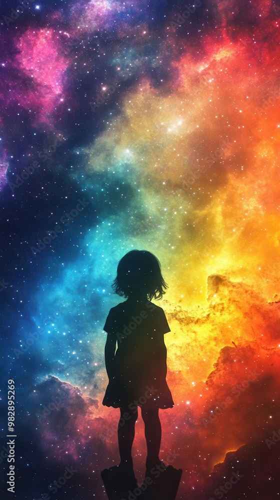 Craft a childs shadow amidst a colorful galaxy backdrop, showcasing infinite potential with photorealistic details Craft a childs shadow amidst a colorful galaxy backdrop, showcasing infinite potential with photorealistic details