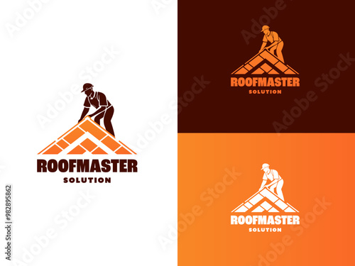 Roofing company logo featuring worker installing shingles roof. Suitable for construction business branding, home improvement services, and roofing companies. EPS Layered Vector File