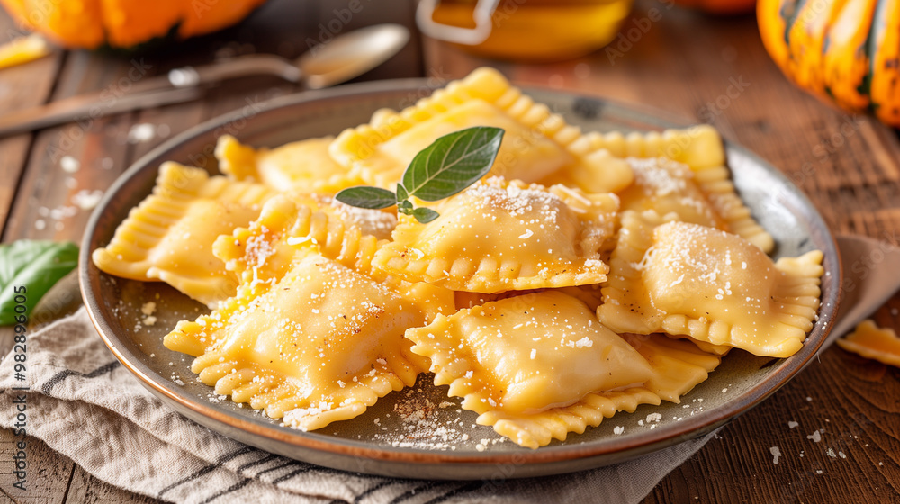 Homemade Pumpkin Ravioli with ricotta cheese. Autumn food concept. Homemade Pumpkin Ravioli with ricotta cheese. Autumn food concept.