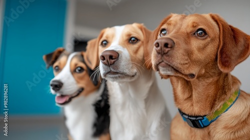 Three curious dogs sit side by side, gazing attentively with bright eyes.