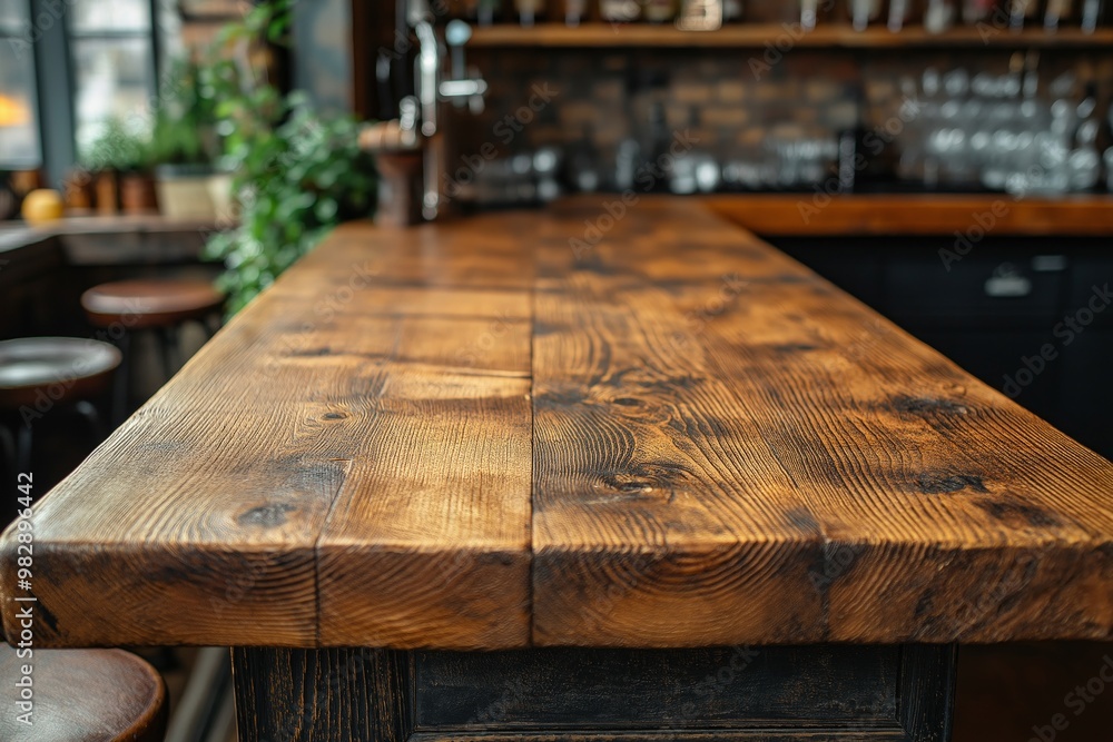 A rustic wooden bar table in a cozy pub setting with bottles and plants in the background A rustic wooden bar table in a cozy pub setting with bottles and plants in the background