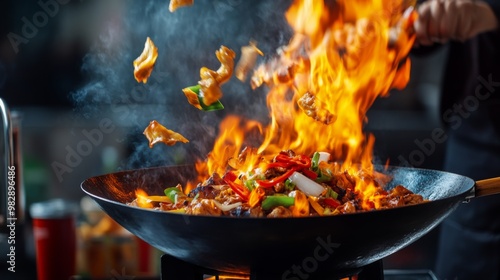 Dramatic action shot of a wok stir-frying vegetables and chicken with high flames rising, in a professional kitchen setting.